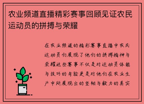 农业频道直播精彩赛事回顾见证农民运动员的拼搏与荣耀
