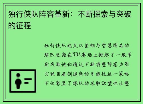 独行侠队阵容革新：不断探索与突破的征程