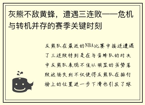 灰熊不敌黄蜂，遭遇三连败——危机与转机并存的赛季关键时刻